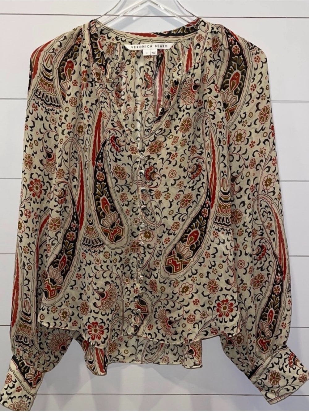 Veronica Beard Cream Paisley V-Neck Button Blouse with Red & Black Accents